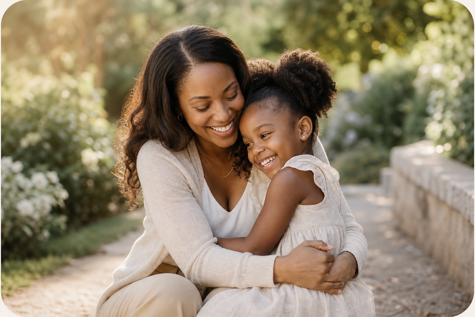 A warm family embrace in a sunlit garden
