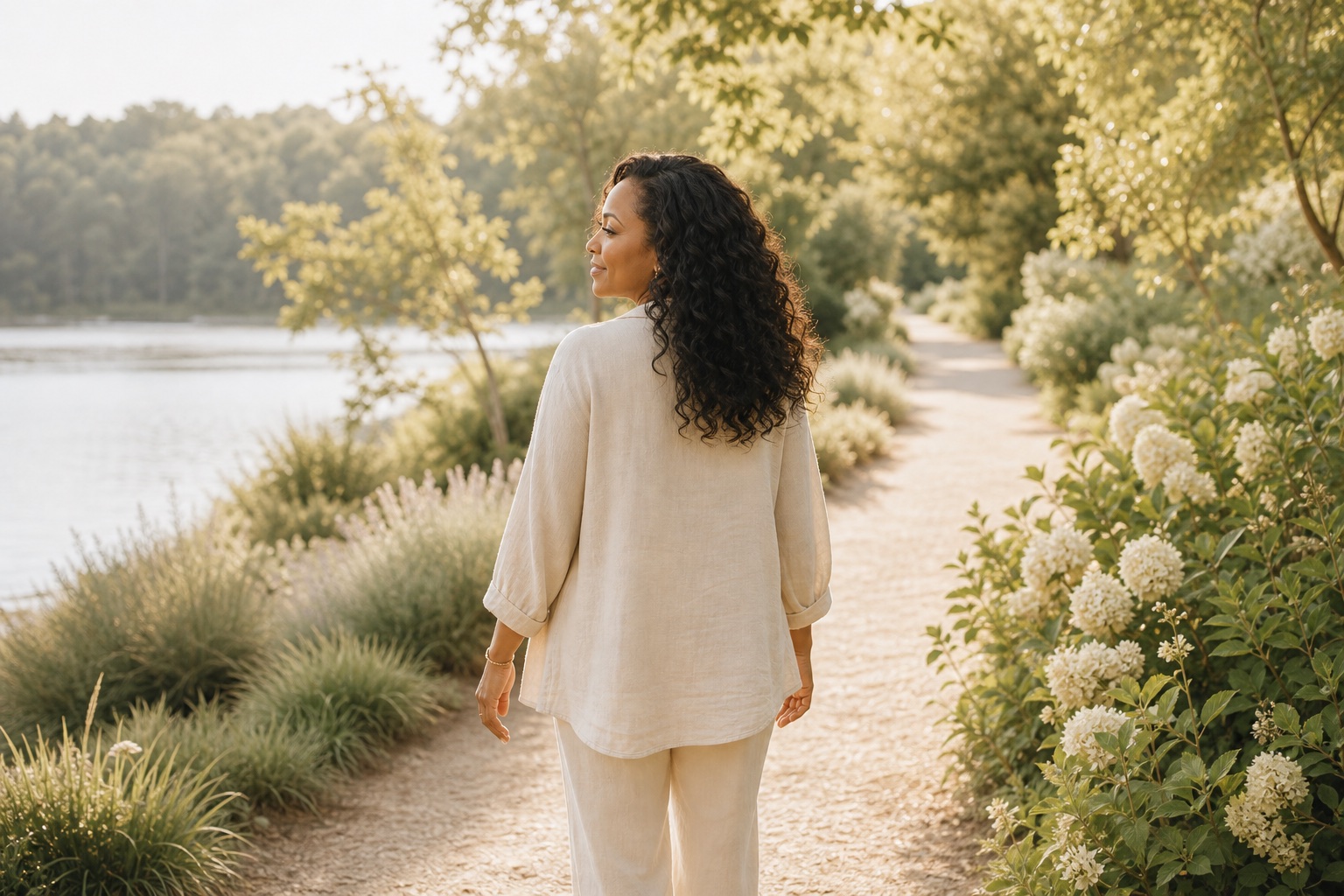 A woman walking along a warm sunlit garden path beside water