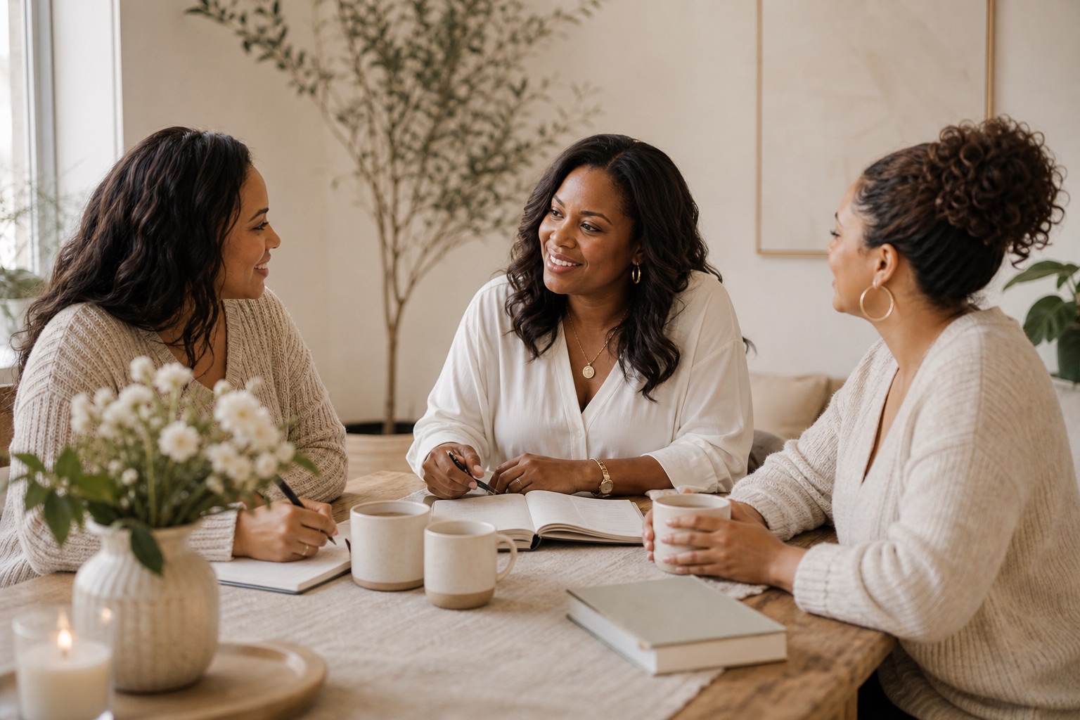A warm mentoring conversation around a table with coffee and notebooks