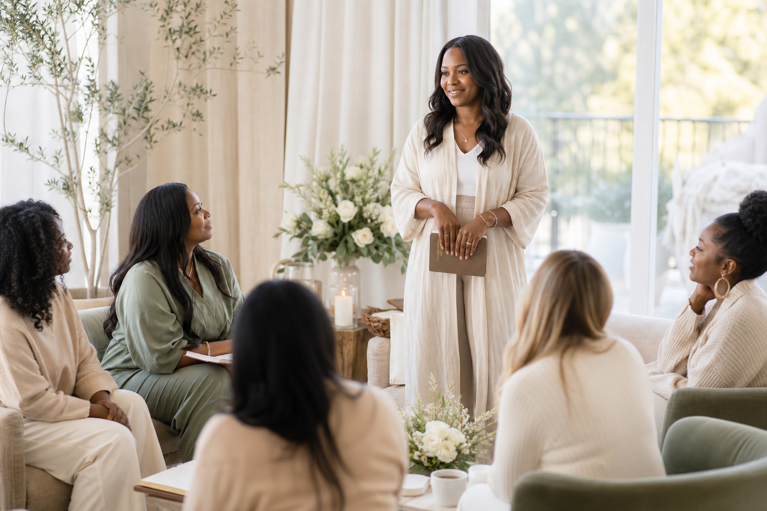 A calm retreat gathering where a woman speaks to a small circle